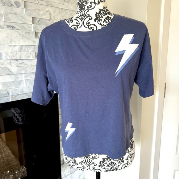 Z Supply Lightning Bolt Cropped Distressed Boyfriend Tee T-Shirt Blue S - Picture 1 of 5